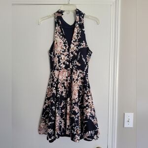 B Darlin’ Juniors' Printed Mock Halter-Neck Crochet-Trim Fit & Flare Dre…